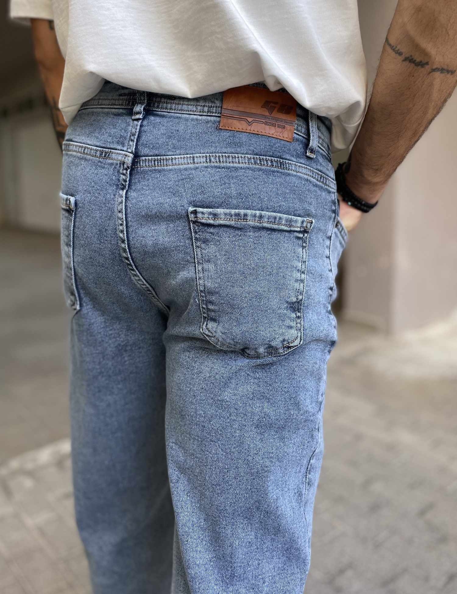 Ανδρικό μπλε πλυμένο ελαστικό loose τζιν πεντάτσεπο με φερμουάρ G88103 φωτογραφία